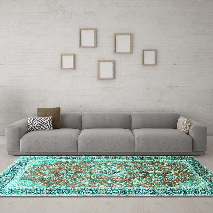 Machine Washable Medallion Turquoise Traditional Area Rugs in a Living Room,, wshtr1058turq