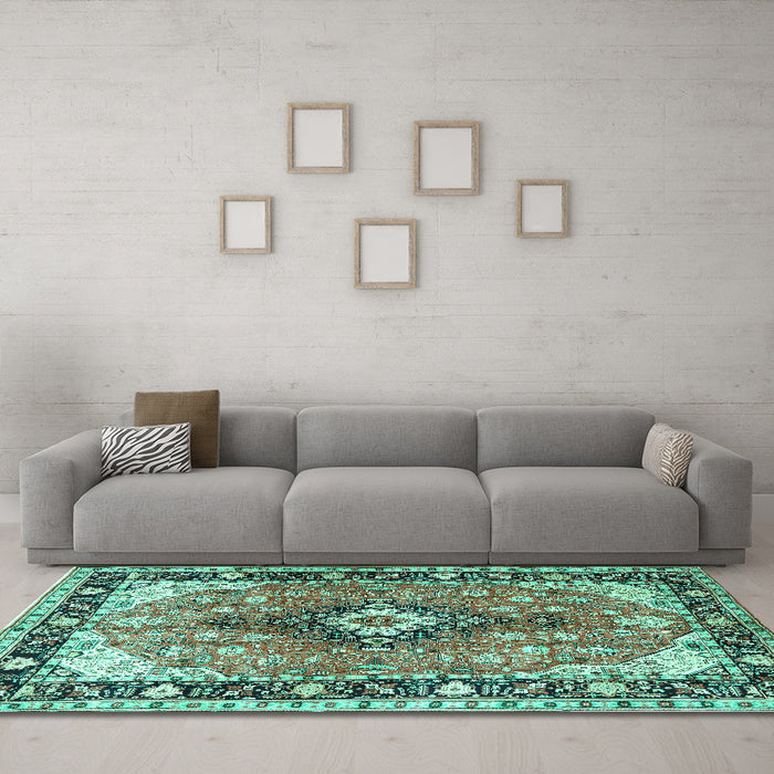 Machine Washable Persian Turquoise Traditional Area Rugs in a Living Room,, wshtr1059turq