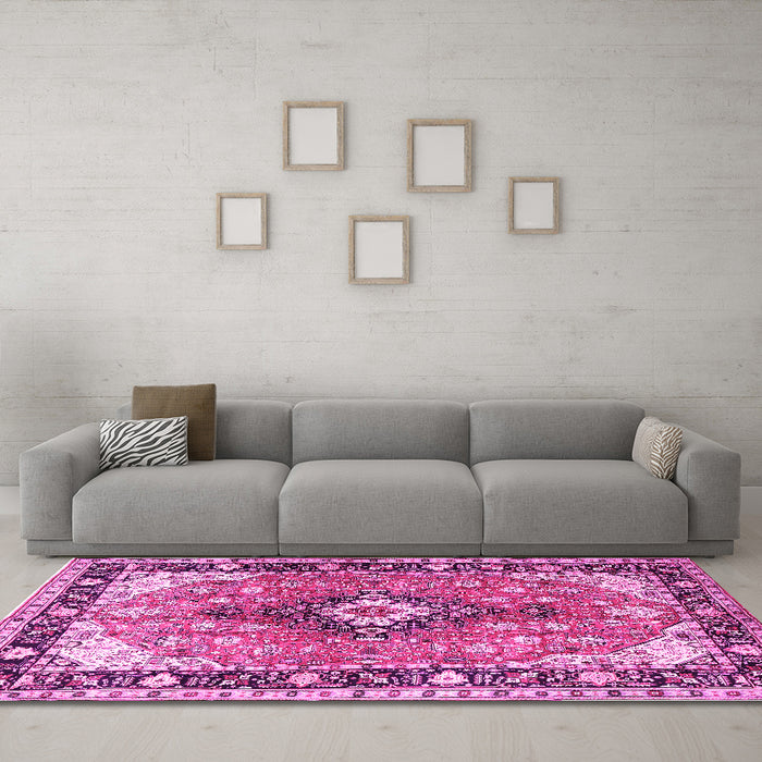 Machine Washable Persian Pink Traditional Rug in a Living Room, wshtr1059pnk
