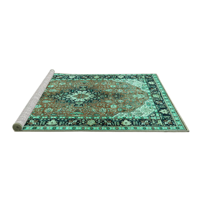 Sideview of Machine Washable Persian Turquoise Traditional Area Rugs, wshtr1059turq