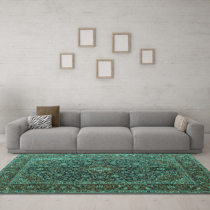 Machine Washable Medallion Turquoise Traditional Area Rugs in a Living Room,, wshtr105turq