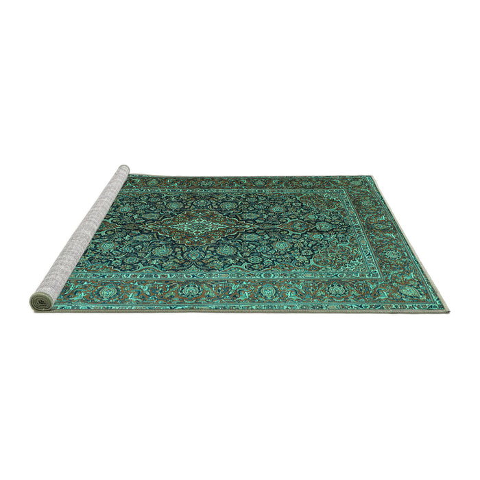 Sideview of Machine Washable Medallion Turquoise Traditional Area Rugs, wshtr105turq