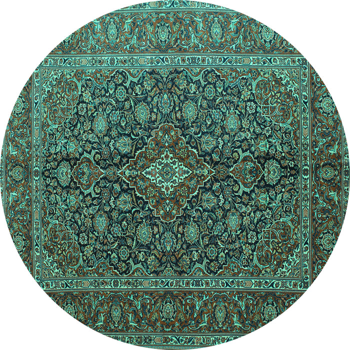 Round Machine Washable Medallion Turquoise Traditional Area Rugs, wshtr105turq