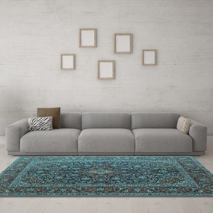 Machine Washable Medallion Light Blue Traditional Rug in a Living Room, wshtr105lblu