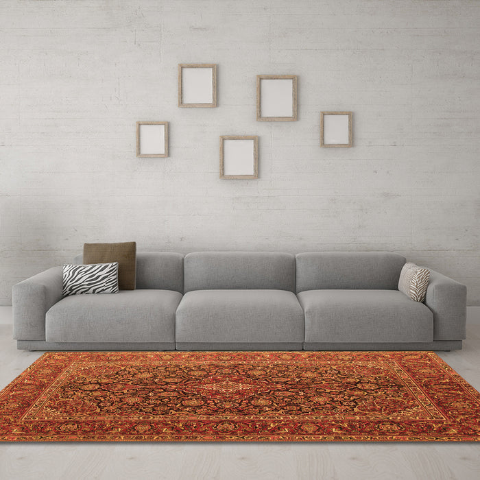 Machine Washable Medallion Orange Traditional Area Rugs in a Living Room, wshtr105org