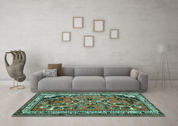 Machine Washable Persian Turquoise Traditional Area Rugs in a Living Room,, wshtr1060turq