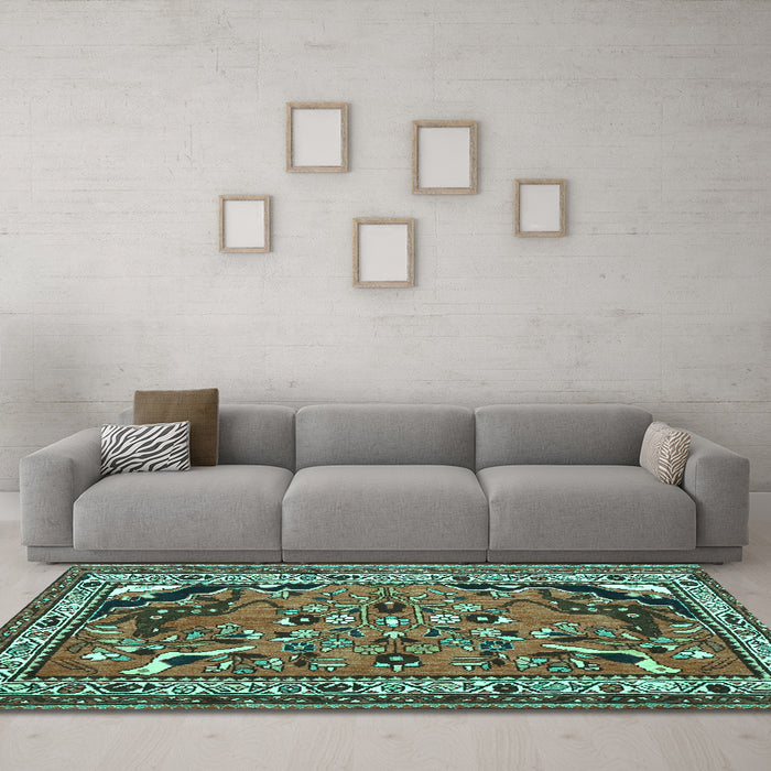 Machine Washable Persian Turquoise Traditional Area Rugs in a Living Room,, wshtr1060turq