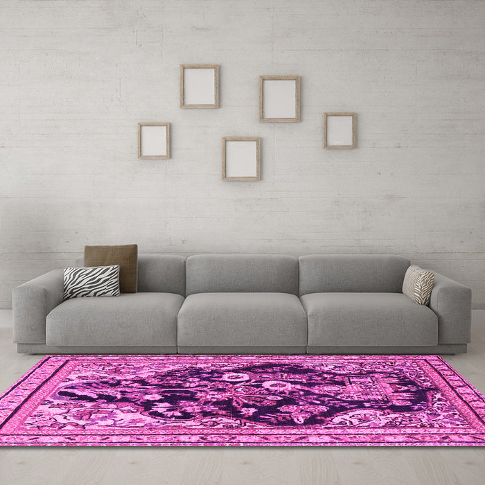 Machine Washable Persian Pink Traditional Rug in a Living Room, wshtr1061pnk
