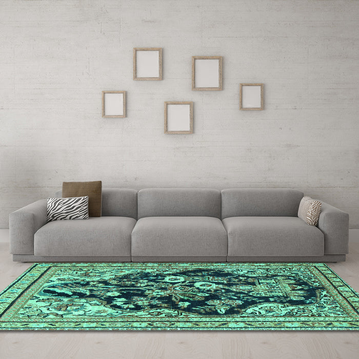 Machine Washable Persian Turquoise Traditional Area Rugs in a Living Room,, wshtr1061turq