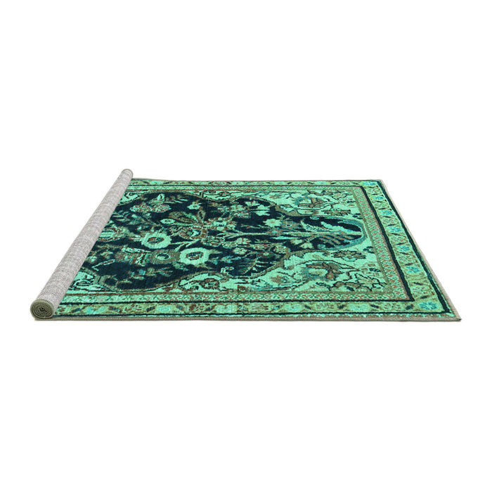 Sideview of Machine Washable Persian Turquoise Traditional Area Rugs, wshtr1061turq