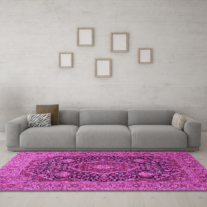 Machine Washable Medallion Pink Traditional Rug in a Living Room, wshtr1063pnk