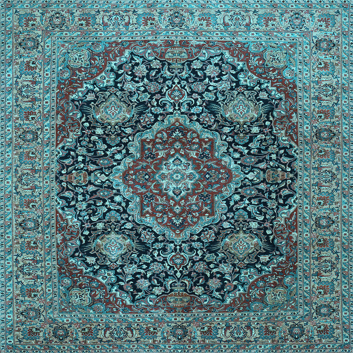 Square Machine Washable Medallion Light Blue Traditional Rug, wshtr1063lblu
