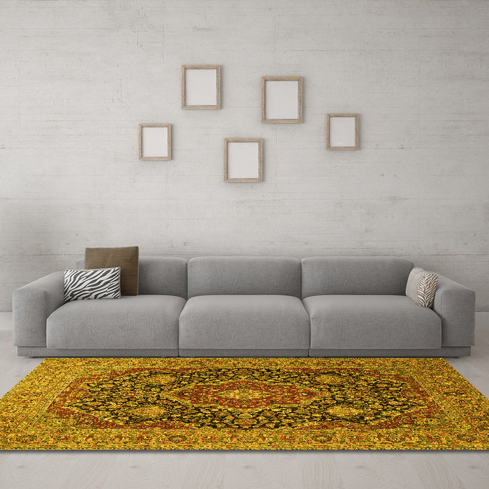 Machine Washable Medallion Yellow Traditional Rug in a Living Room, wshtr1063yw