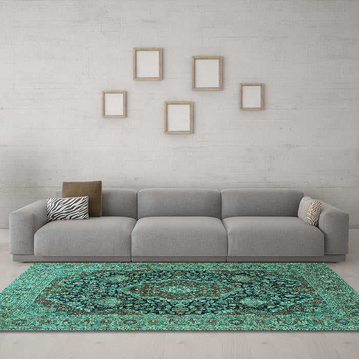 Machine Washable Medallion Turquoise Traditional Area Rugs in a Living Room,, wshtr1063turq