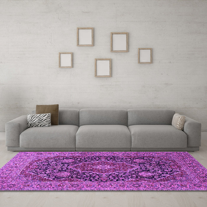 Machine Washable Medallion Purple Traditional Area Rugs in a Living Room, wshtr1063pur