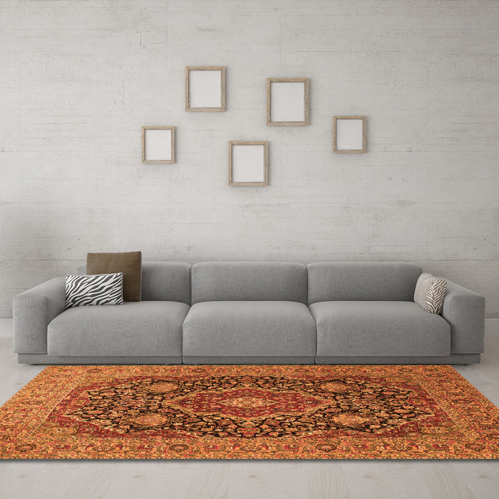 Machine Washable Medallion Orange Traditional Area Rugs in a Living Room, wshtr1063org
