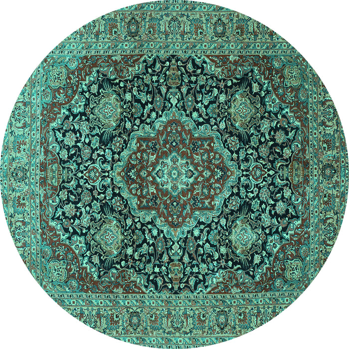 Round Machine Washable Medallion Turquoise Traditional Area Rugs, wshtr1063turq