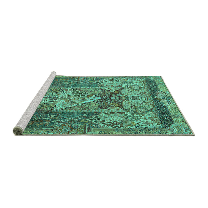 Sideview of Machine Washable Persian Turquoise Traditional Area Rugs, wshtr1064turq