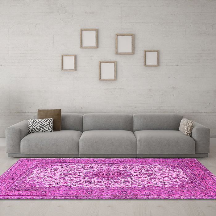 Machine Washable Medallion Pink Traditional Rug in a Living Room, wshtr1065pnk