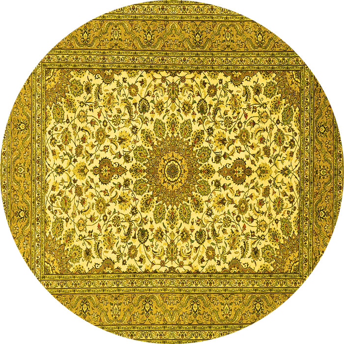 Round Machine Washable Medallion Yellow Traditional Rug, wshtr1065yw