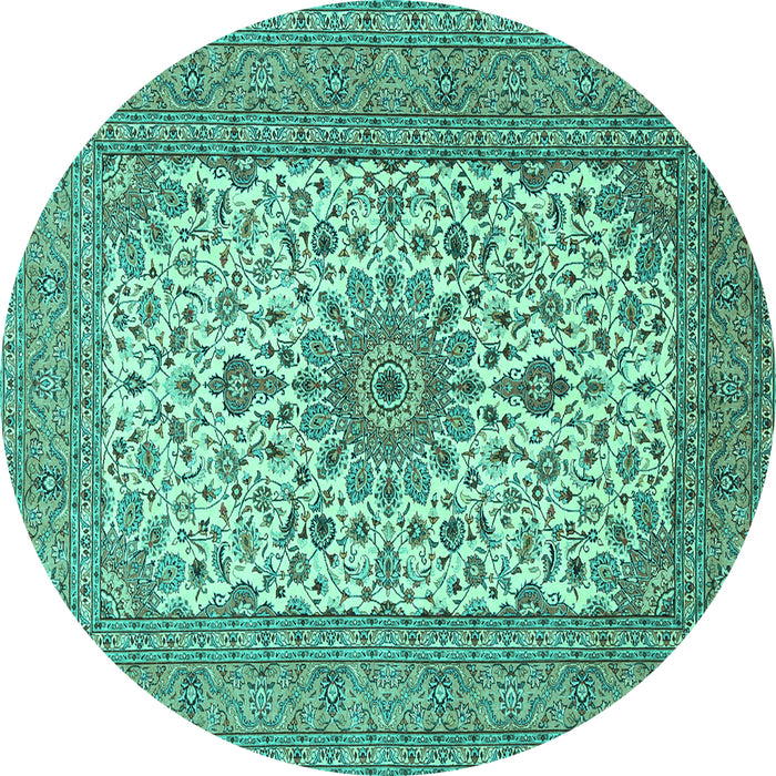 Round Machine Washable Medallion Turquoise Traditional Area Rugs, wshtr1065turq