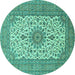 Round Machine Washable Medallion Turquoise Traditional Area Rugs, wshtr1065turq