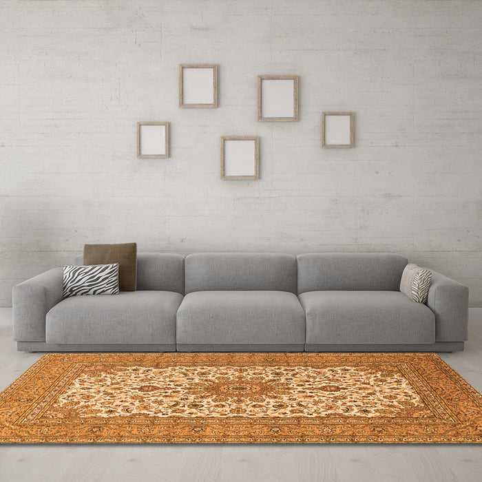 Machine Washable Medallion Orange Traditional Area Rugs in a Living Room, wshtr1065org