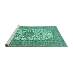 Sideview of Machine Washable Medallion Turquoise Traditional Area Rugs, wshtr1065turq