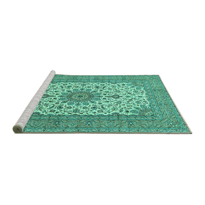 Sideview of Machine Washable Medallion Turquoise Traditional Area Rugs, wshtr1065turq