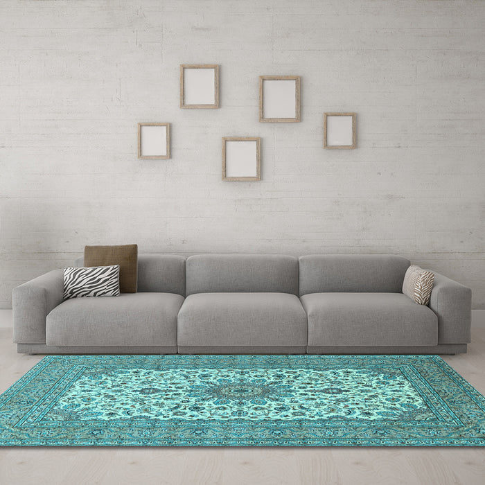 Machine Washable Medallion Light Blue Traditional Rug in a Living Room, wshtr1065lblu
