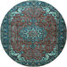 Round Machine Washable Medallion Light Blue Traditional Rug, wshtr1066lblu