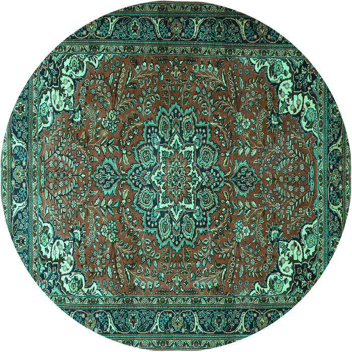 Round Machine Washable Medallion Turquoise Traditional Area Rugs, wshtr1066turq
