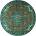 Round Machine Washable Medallion Turquoise Traditional Area Rugs, wshtr1066turq