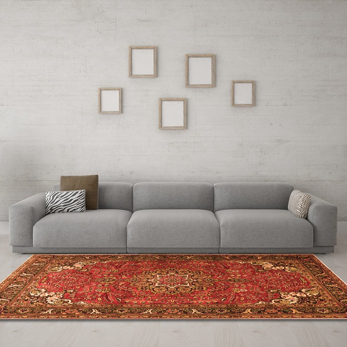 Machine Washable Medallion Orange Traditional Area Rugs in a Living Room, wshtr1066org