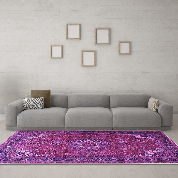 Machine Washable Medallion Purple Traditional Area Rugs in a Living Room, wshtr1066pur