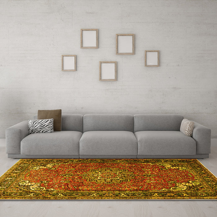 Machine Washable Medallion Yellow Traditional Rug in a Living Room, wshtr1066yw
