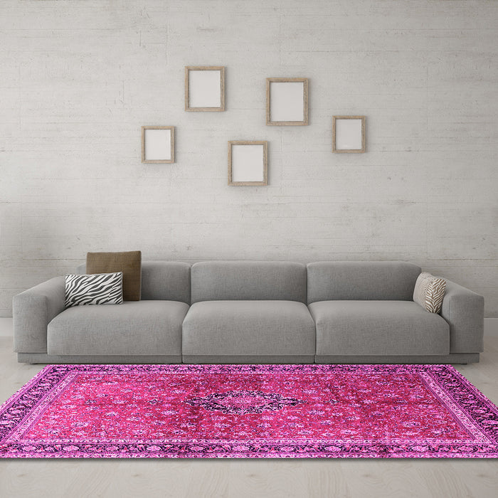 Machine Washable Persian Pink Traditional Rug in a Living Room, wshtr1067pnk