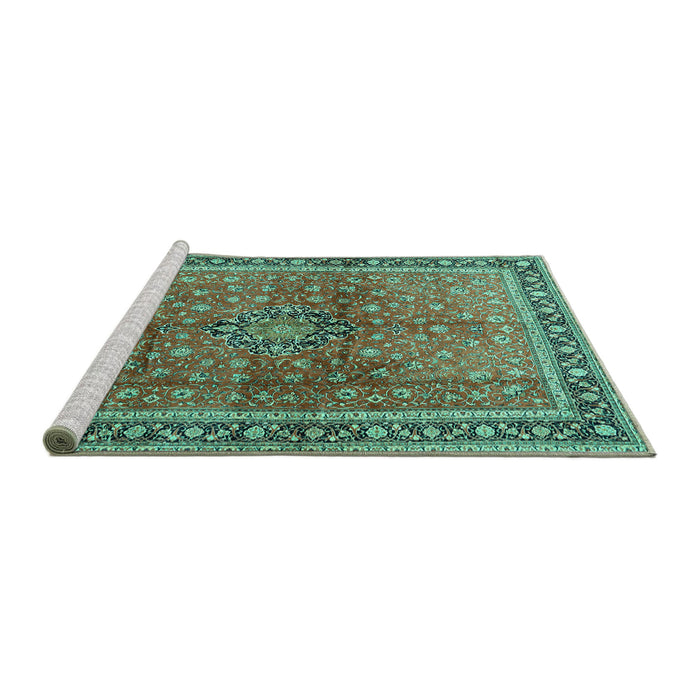 Sideview of Machine Washable Persian Turquoise Traditional Area Rugs, wshtr1067turq