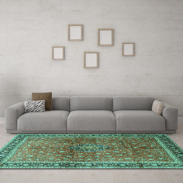 Machine Washable Persian Turquoise Traditional Area Rugs in a Living Room,, wshtr1067turq