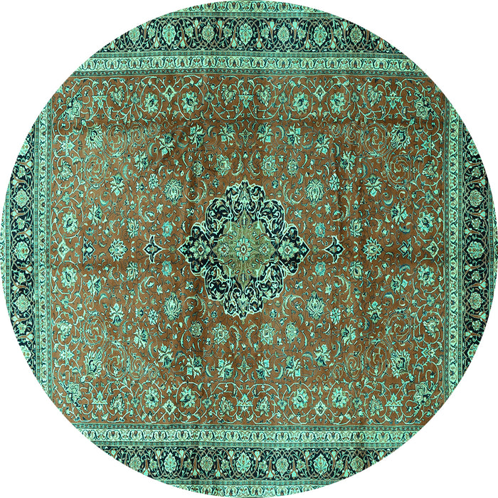 Round Machine Washable Persian Turquoise Traditional Area Rugs, wshtr1067turq