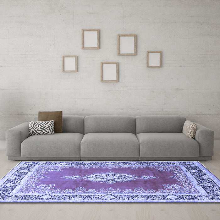 Machine Washable Medallion Blue Traditional Rug in a Living Room, wshtr1068blu