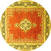 Round Machine Washable Medallion Yellow Traditional Rug, wshtr1068yw