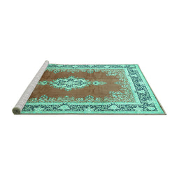 Sideview of Machine Washable Medallion Turquoise Traditional Area Rugs, wshtr1068turq