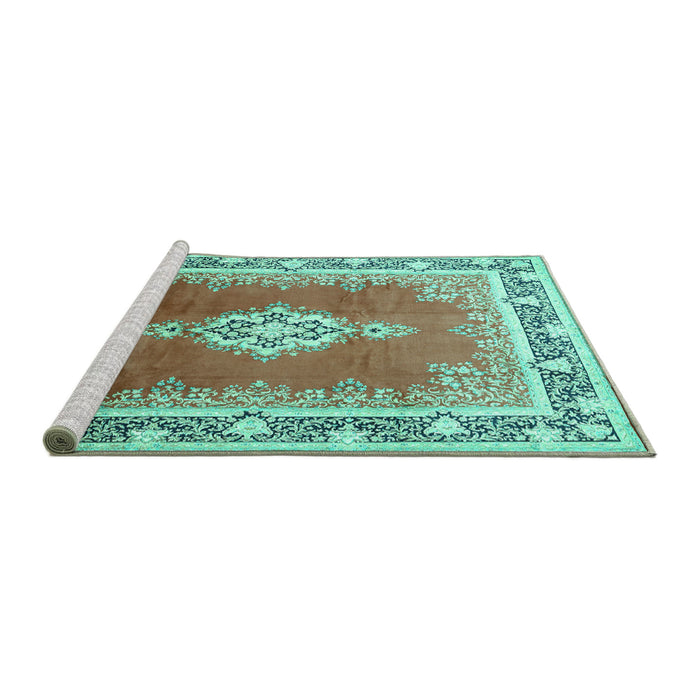 Sideview of Machine Washable Medallion Turquoise Traditional Area Rugs, wshtr1068turq