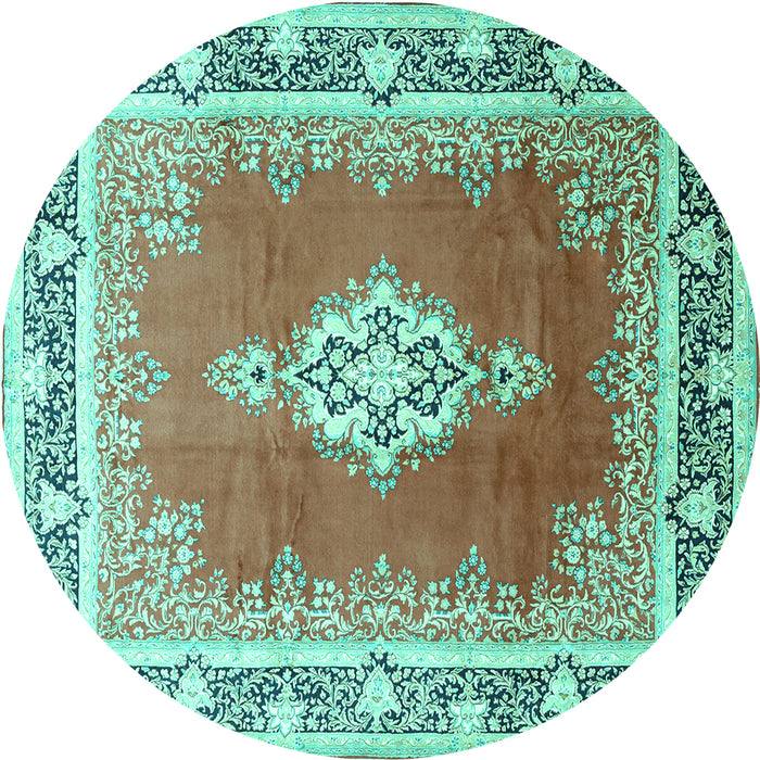 Round Machine Washable Medallion Turquoise Traditional Area Rugs, wshtr1068turq