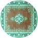 Round Machine Washable Medallion Turquoise Traditional Area Rugs, wshtr1068turq