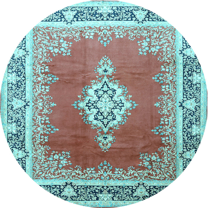 Round Machine Washable Medallion Light Blue Traditional Rug, wshtr1068lblu