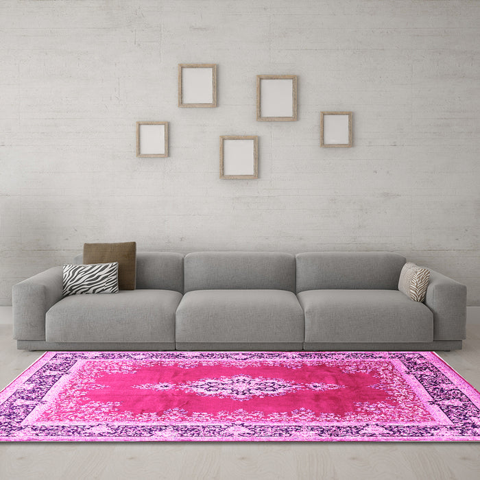 Machine Washable Medallion Pink Traditional Rug in a Living Room, wshtr1068pnk
