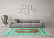 Machine Washable Medallion Turquoise Traditional Area Rugs in a Living Room,, wshtr1068turq