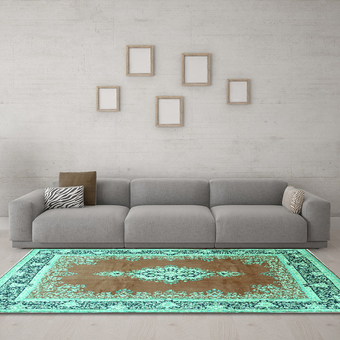 Machine Washable Medallion Turquoise Traditional Area Rugs in a Living Room,, wshtr1068turq